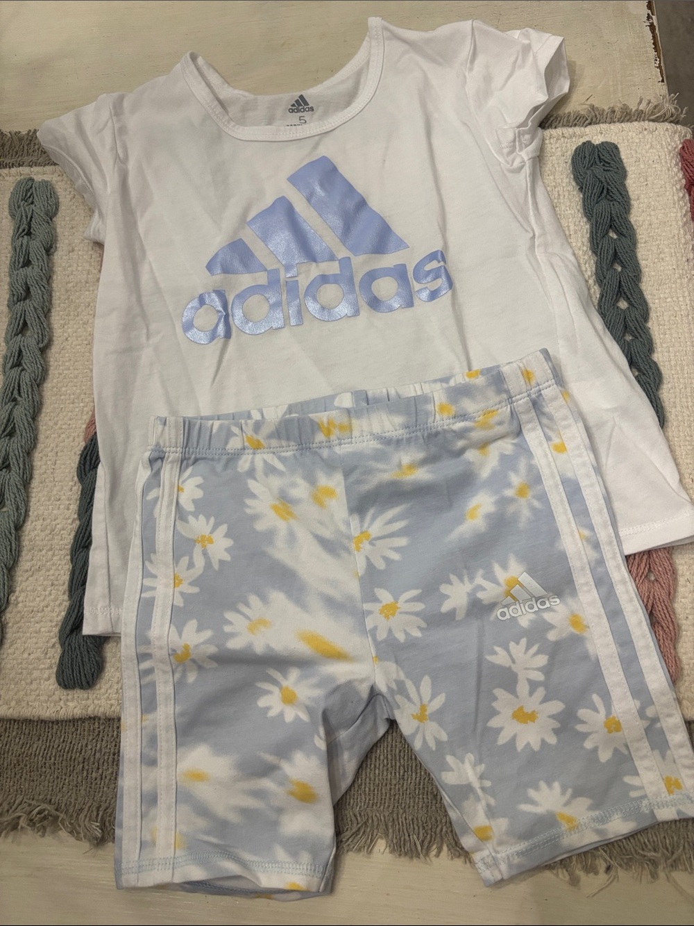 adidas Girls White Tee & Light Blue Daisy Bike Shorts Set
